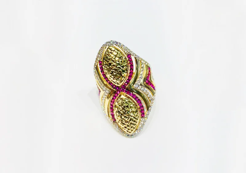 Luxury Wedding Ring with Diamond and Ruby Accents-Tribal Eye Ring (14K)