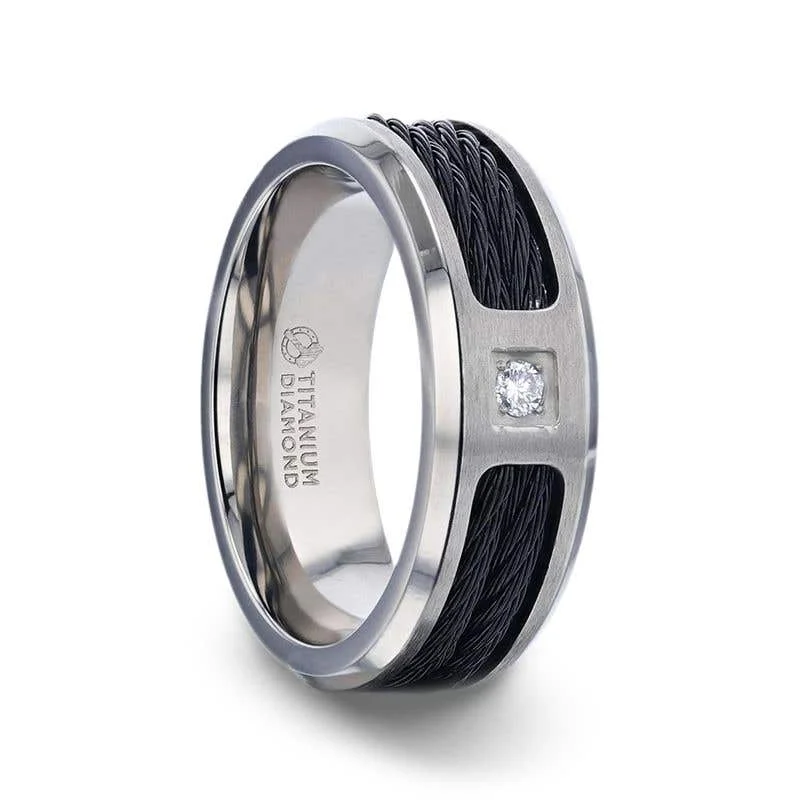 Personalized Couples’ Ring with Heart-shaped Stone-Thorsten SECTOR Black Rope Cables Inlaid Brushed Finish Titanium Men's Wedding Ring with Diamond Centered And Beveled Polished Edges - 8mm