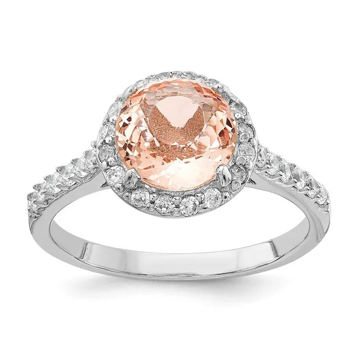 Personalized Custom Gold Ring with Family Name-Cheryl M Sterling Silver Simulated Morganite Round Halo Ring