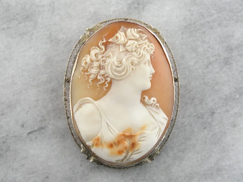 Elegant Gemstone Brooch For Weddings-Art Deco Cameo White Gold Brooch Pendant