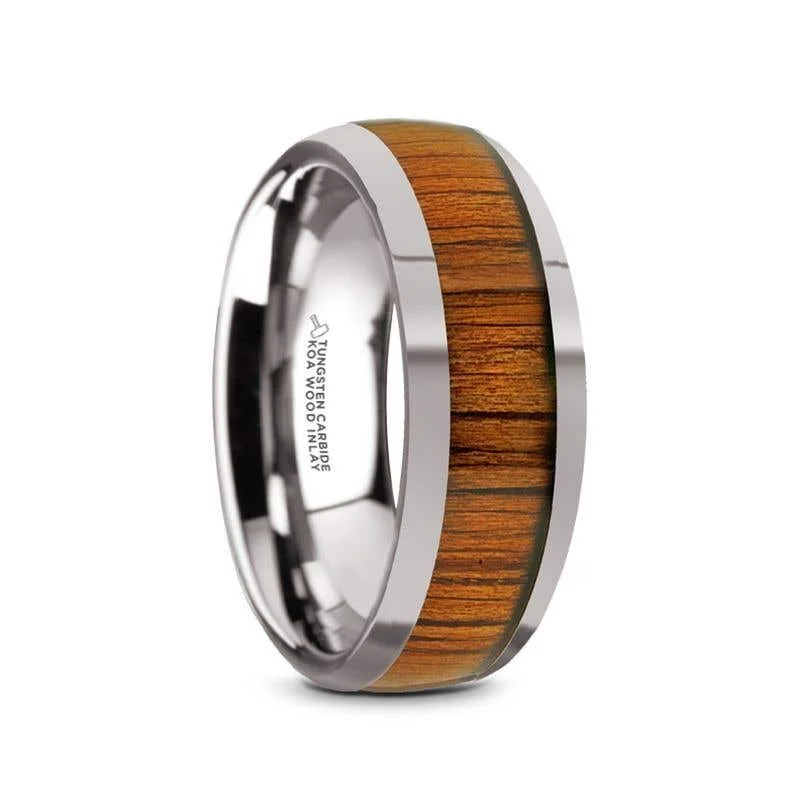 Luxury Wedding Band for Men with Diamond Details-Thorsten KAMEHA Tungsten Domed Profile Polished Finish Men’s Wedding Ring with Koa Wood Inlay - 8mm