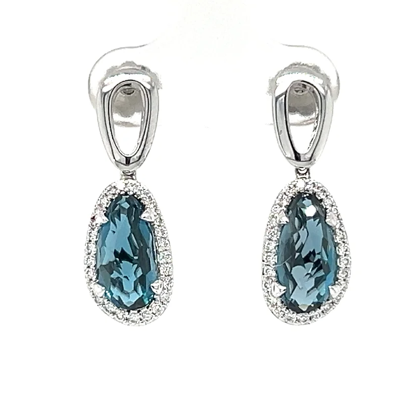 Custom Pearl Earrings for Brides-14k White Gold Blue Topaz & Diamond Dangle Earrings by Allison Kaufman