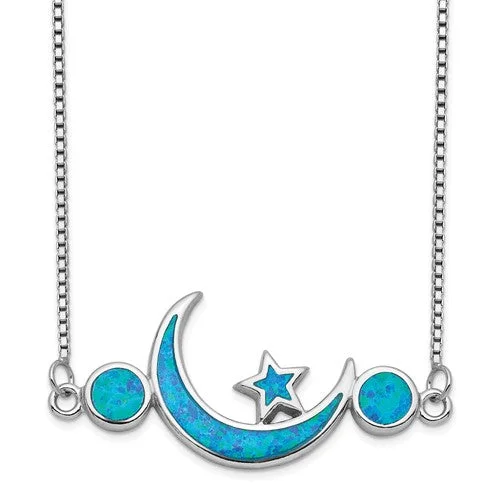 Simple Chain Necklace with Small Pendant-Sterling Silver Created Blue Opal Moon & Star Necklace