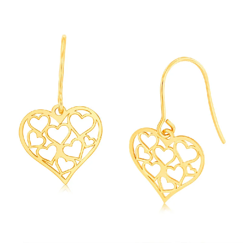 Gold Plated Earrings for Women-9ct Yellow Gold Heart with Cut Out Hearts Hook Earrings