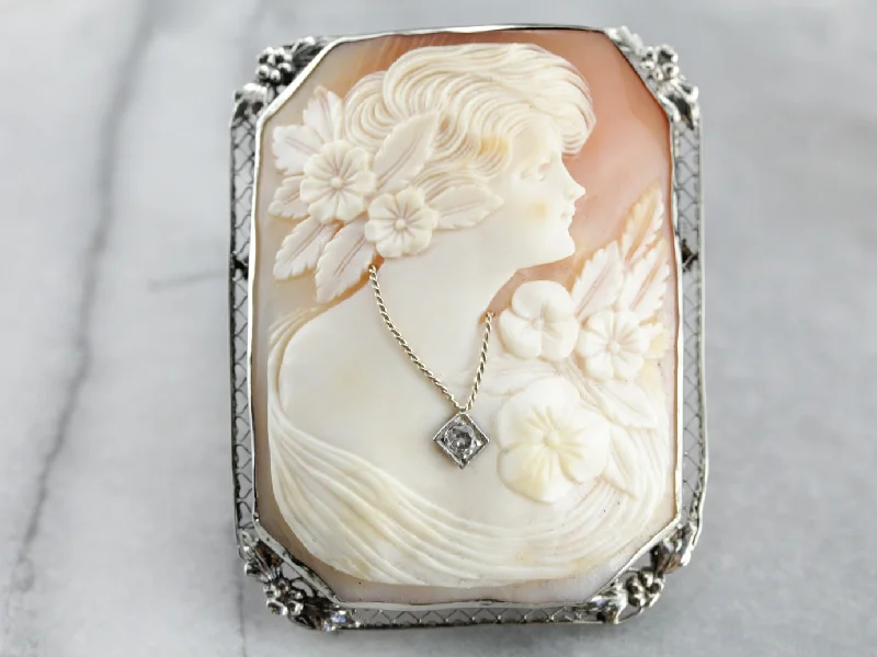 Wedding Brooch For Special Days-Antique Old Mine Cut Diamond Cameo Brooch