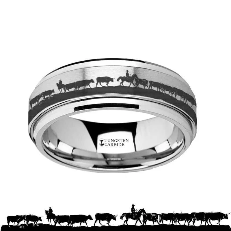 Unique Wedding Ring with Multi-Colored Gemstones-Thorsten Spinning Engraved Herding Cattle Tungsten Carbide Band Spinner Ring