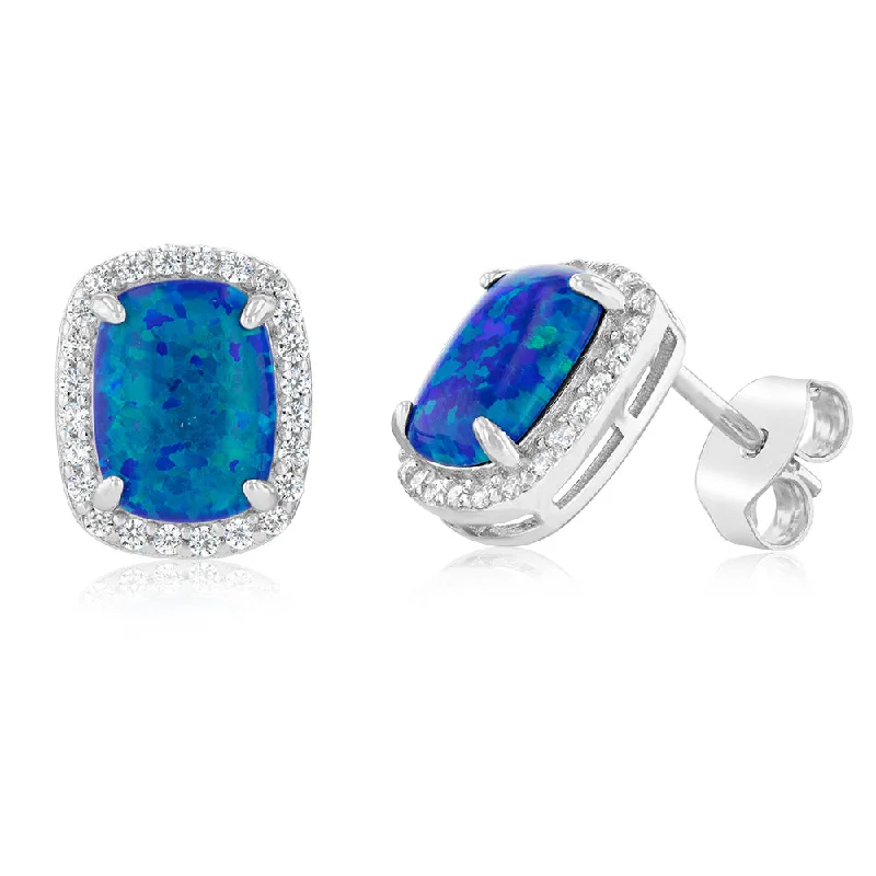 Custom Wedding Day Earrings-Sterling Silver Rhodium Plated Rectangle Created Blue Opal And Zirconia Stud Earrings