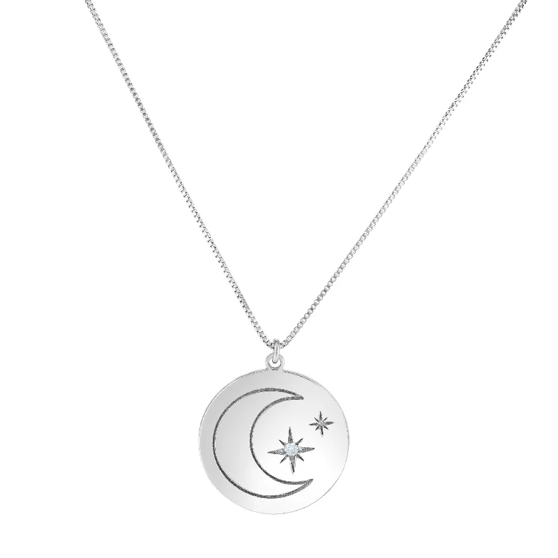 Long Silver Chain Necklace with Pendant-Sterling Silver Moon & Stars Diamond Accent 18" Necklace