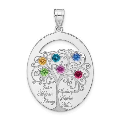 Adjustable Silver Necklace with Charm-Sterling Silver Engraved Names Oval Family Birthstone Tree Pendant