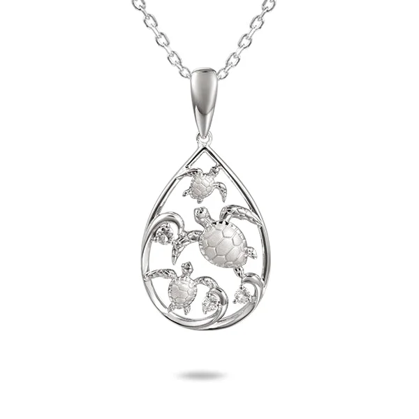 Fashionable Crystal Necklace for Evening Wear-Sterling Silver Honu 3 Sea Turtle Water of Life Teardrop Pendant