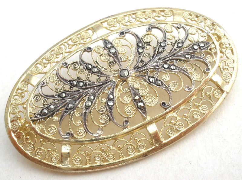 Brooch With Gemstones For Evening Wear-Alice Caviness Marcasite Vermeil 925 Brooch Pin Vintage