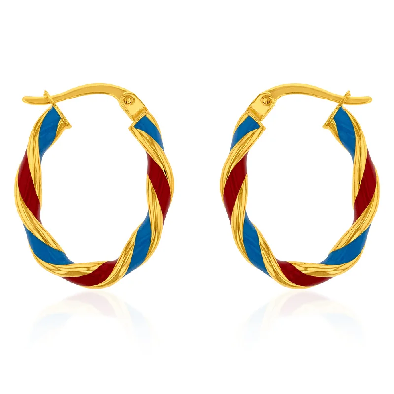 Classic Silver Stud Earrings for Women-9ct Yellow Gold Silverfilled 15mm Red And Blue Enamel On Twisted Hoop Earrings