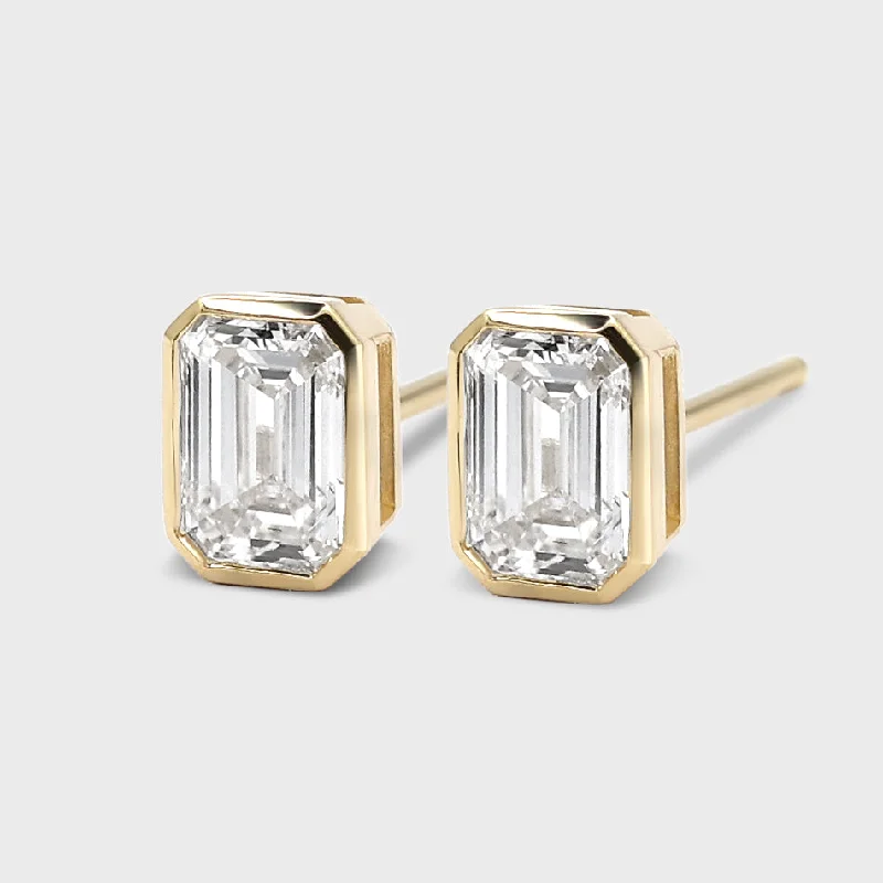 Simple Gold Earrings for Brides-Bezel Set Emerald Cut Studs