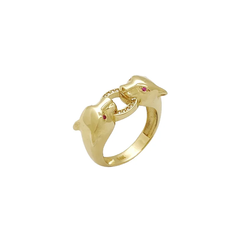 Custom Heart-shaped Ring with Diamond Accent-Red Eyes Panther Head Ring (14K)