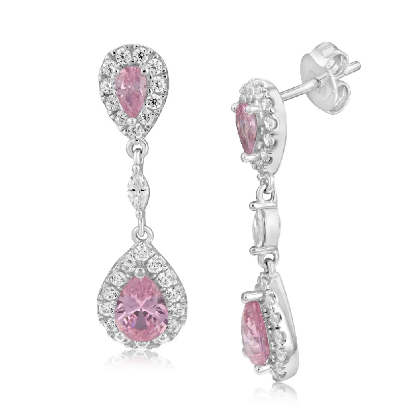 Trendy Silver Drop Earrings-Sterling Silver Rhodium Plated Pink And White Cubic Zirconia Pear Drop Earrings