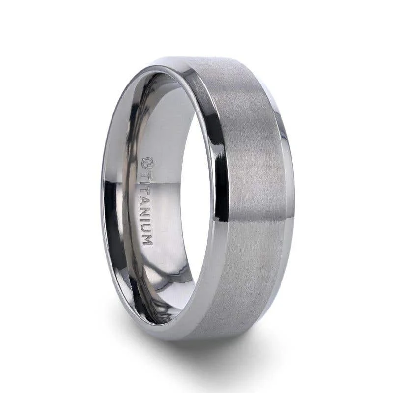 Elegant Platinum Wedding Ring with Diamond Inlay-Thorsten SHIRE Titanium Brushed Center Flat Ring with Polished Beveled Edges - 6mm & 8mm