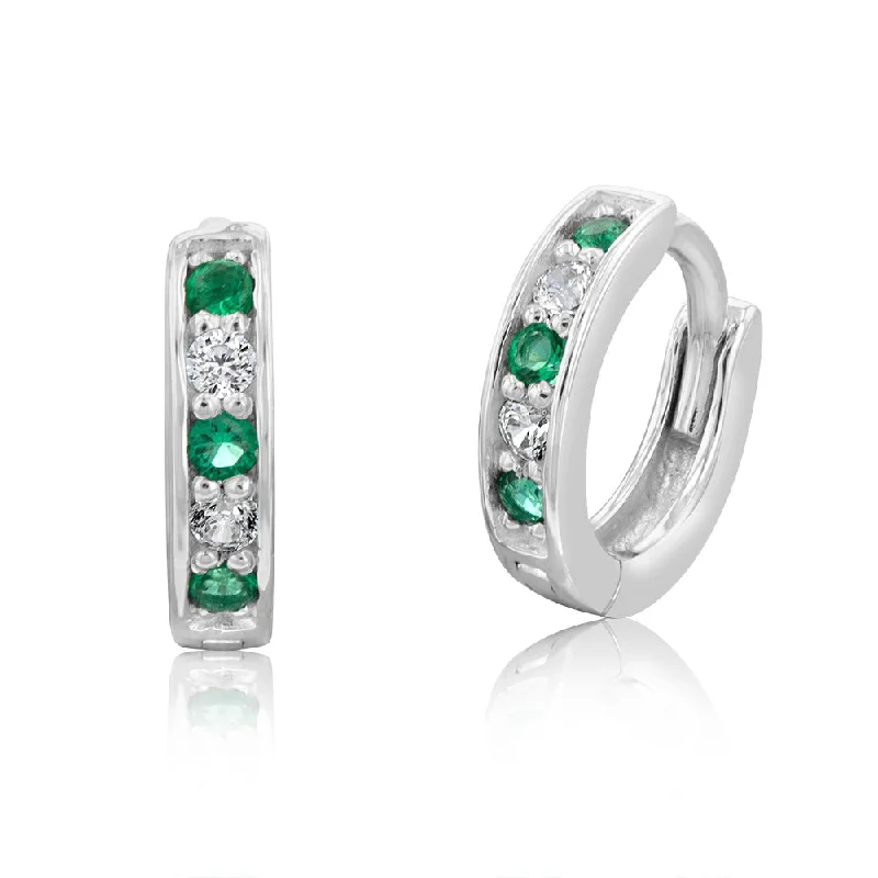 Minimalist Silver Earrings for Women-Sterling Silver Rhodium Plated Created Emerald And White CZ Hoop Earrings