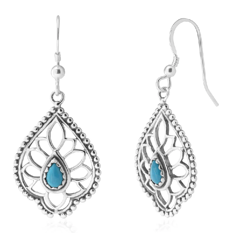 Stunning Silver Earrings for Evening Wear-Sterling Silver Created Turquoise Fancy Drop Earrings