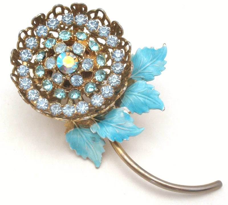 Statement Brooch For Special Occasions-Blue Enamel & Rhinestone Flower Brooch Pin Vintage