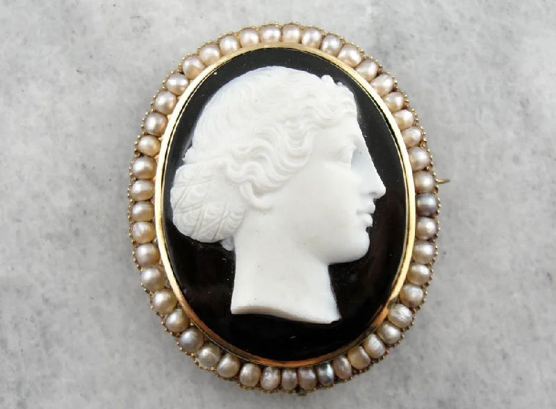 Elegant Brooch For Winter Outfits-The Female Apostle Juniah: Antique Natural Pearl and Hardstone Black and White Onyx Cameo Brooch