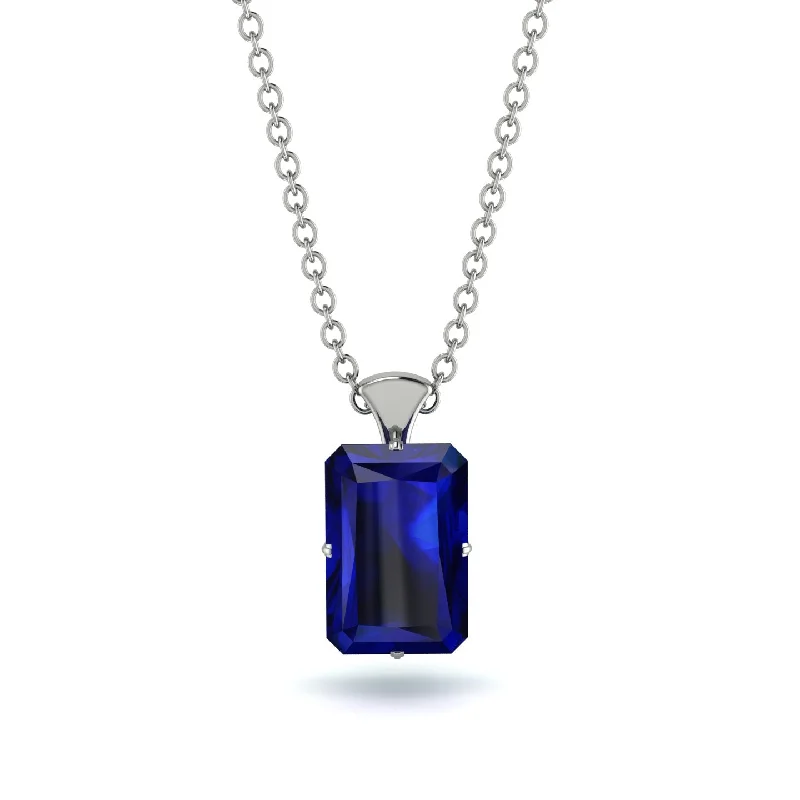 Modern Gold Necklace with Simple Pendant-Hidden Halo Emerald Cut Sapphire Necklace - Vanessa No. 30