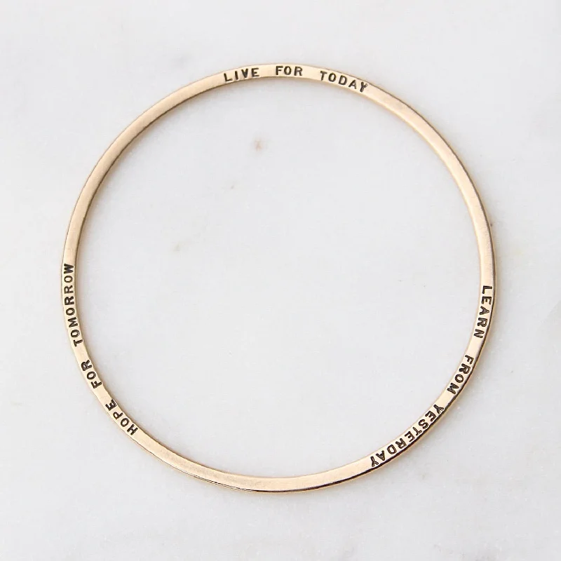 Elegant Gold Bangles with Personalized Charms-14k Yellow Gold Flat Hand Stamped Bangle ~ "Live for today, Learn from yesterday, Hope for tomorrow"