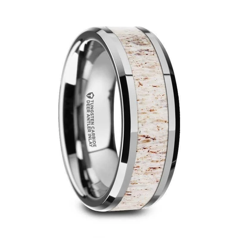 Classic Wedding Band with Textured Surface for Men-Thorsten WHITETAIL Tungsten Carbide Men's Wedding Band with Off-White Deer Antler Inlay - 8mm