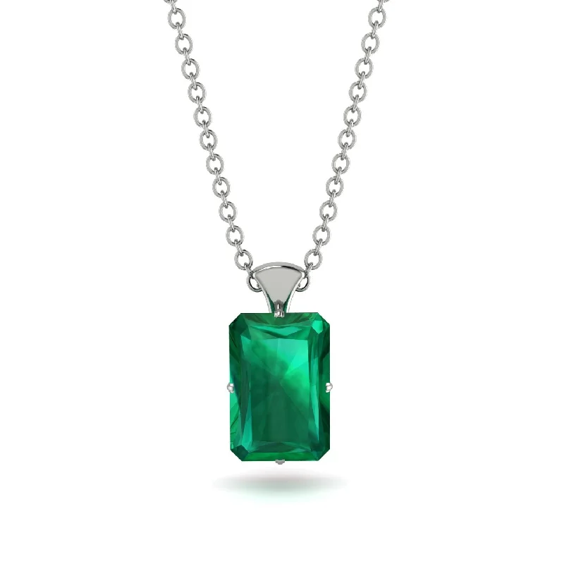 Sparkling Silver Necklace for Evening Look-Hidden Halo Emerald Cut Emerald Necklace - Vanessa No. 51