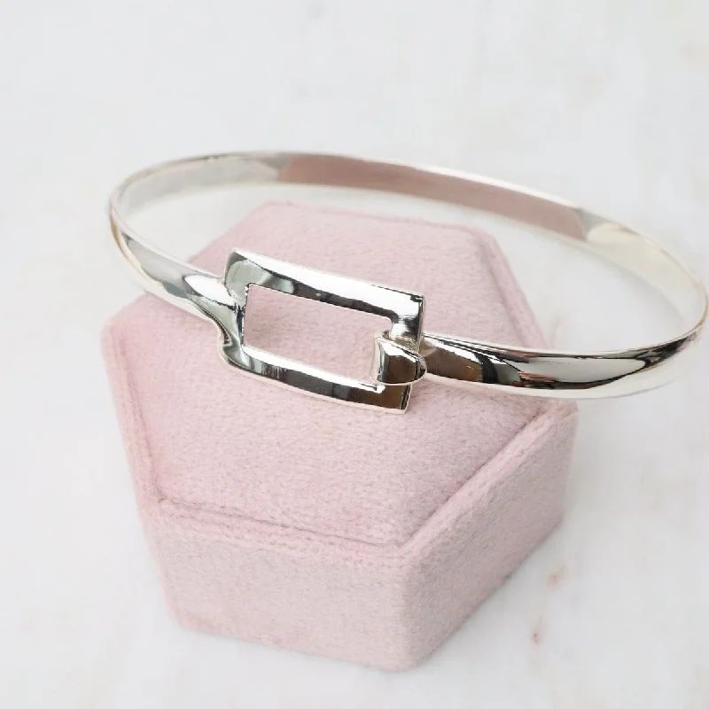 Personalized Silver Bangles with Engraved Quotes-Front Latching Bangle with Rectangle