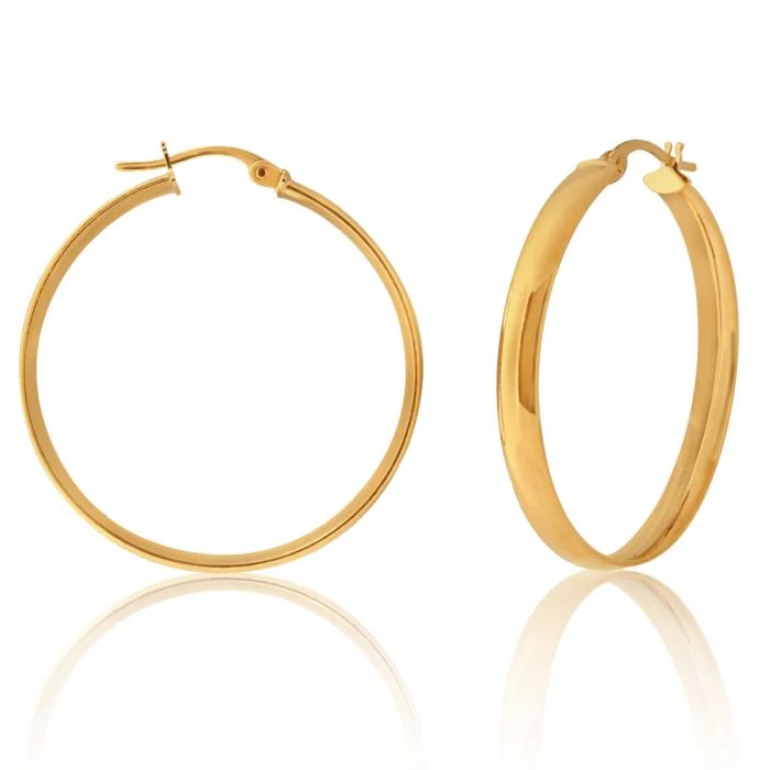 Simple Silver Earrings with Crystals-9ct Yellow Gold 30mm Plain Hoop Earrings