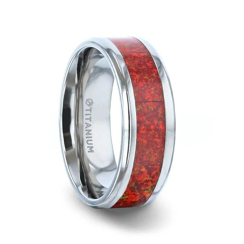 Customizable Birthstone Ring for Women-Thorsten CASSIOPEIA Titanium Ring With Beveled Edges And Red Opal Inlay - 8mm