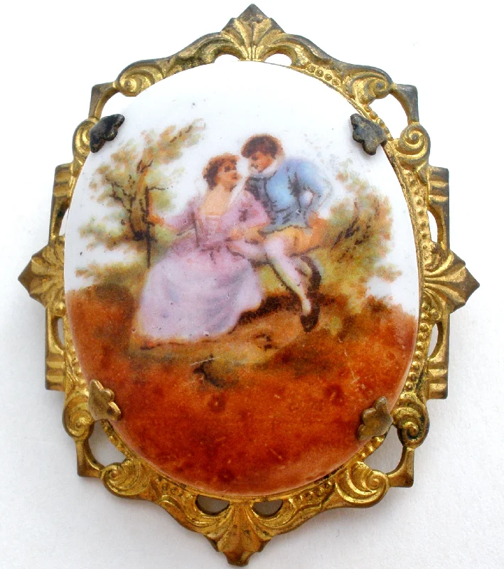 Unique Brooch With Colorful Crystals-Romantic Couple Miniature Portrait Brooch Vintage