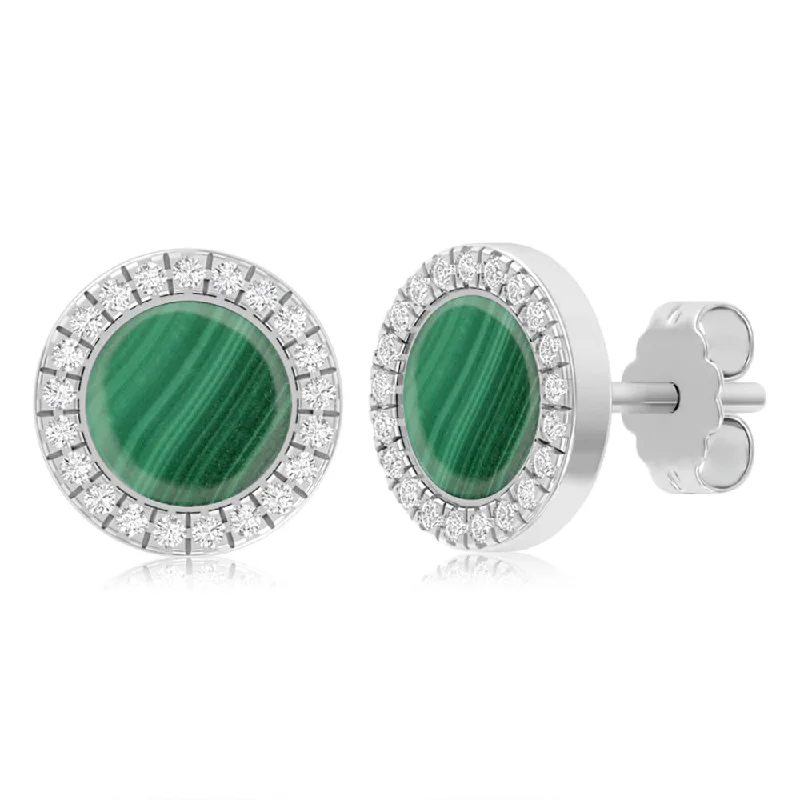 Trendy Gold Earrings for Casual Style-Sterling Silver Cubic Zirconia And Created Malachite Round Stud Earrings