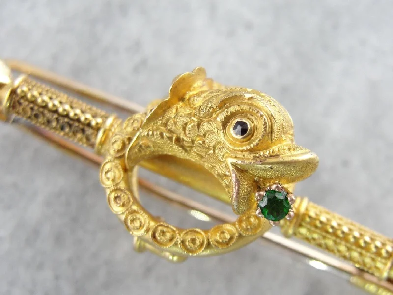 Brooch With Colorful Crystals-Etruscan Revival Dolphin Brooch with Demantoid Garnet Accent