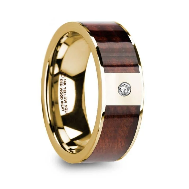 Classic Gold Wedding Ring Set with Diamonds-Thorsten PHOCAS 14k Yellow Gold Men’s Polished Wedding Band with Red Wood Inlay & Diamond - 8mm