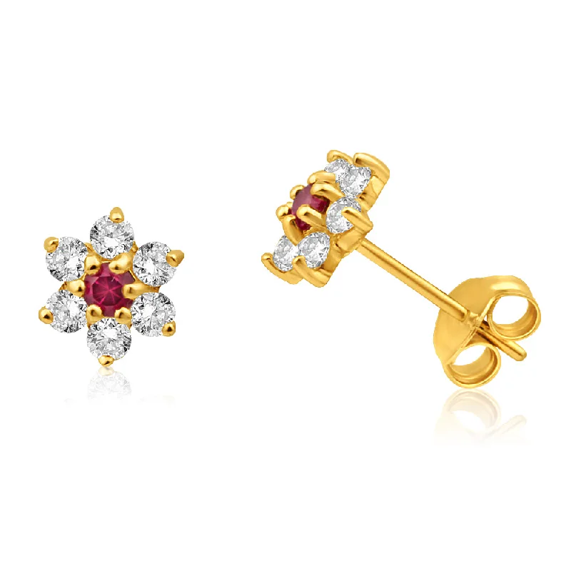 Simple Silver Earrings with Crystals-9ct Alluring Yellow Gold Created Ruby + Cubic Zirconia Stud Earrings