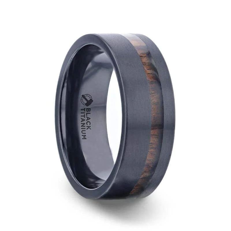 Simple Custom Wedding Ring with Name and Date-Thorsten DARING Off-Set Koa Wood Inlaid Black Titanium Men's Wedding Band With Flat Brushed Finish - 8mm