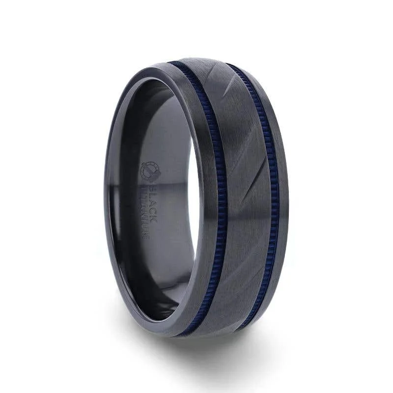 Personalized Ring with Custom Family Initials-Thorsten PATROL Black Titanium Carved Diagonal Pattern Brushed Finish Men’s Wedding Ring with Blue Milgrain Grooves – 8mm