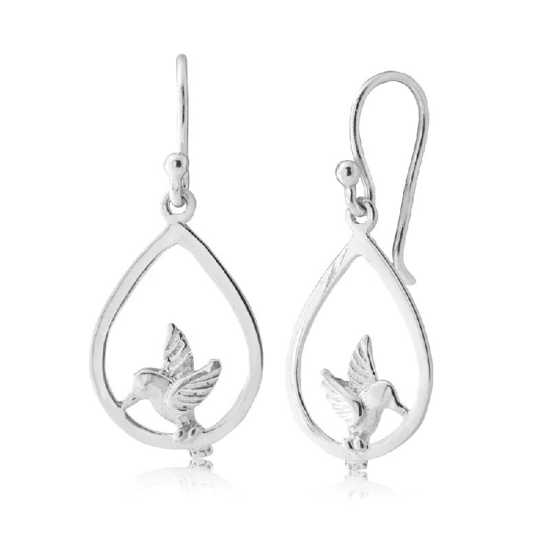 Simple Crystal Hoop Earrings-Sterling Silver Hummingbird Drop Earrings