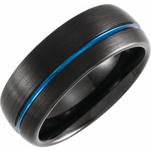 Personalized Wedding Band for Brides with Custom Design-Black & Blue PVD Tungsten 8 mm Grooved Band