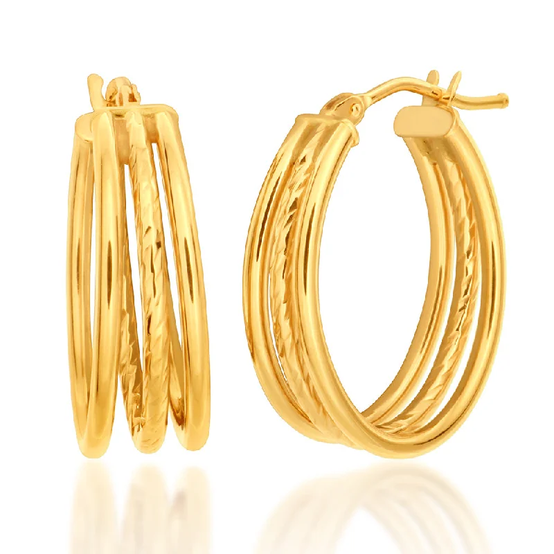 Vintage Teardrop Earrings for Brides-9ct Yellow Gold Oval Trio 15mm x 20mm Hoop Earrings