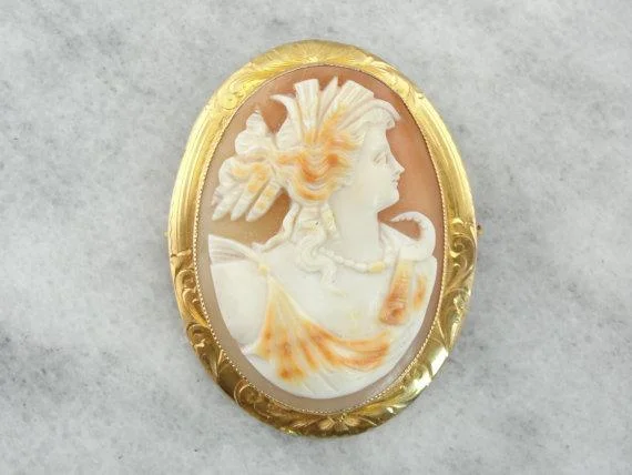 Gold Brooch For Formal Events-White Shell Cameo  in Fine Gold Frame Pendant or Brooch