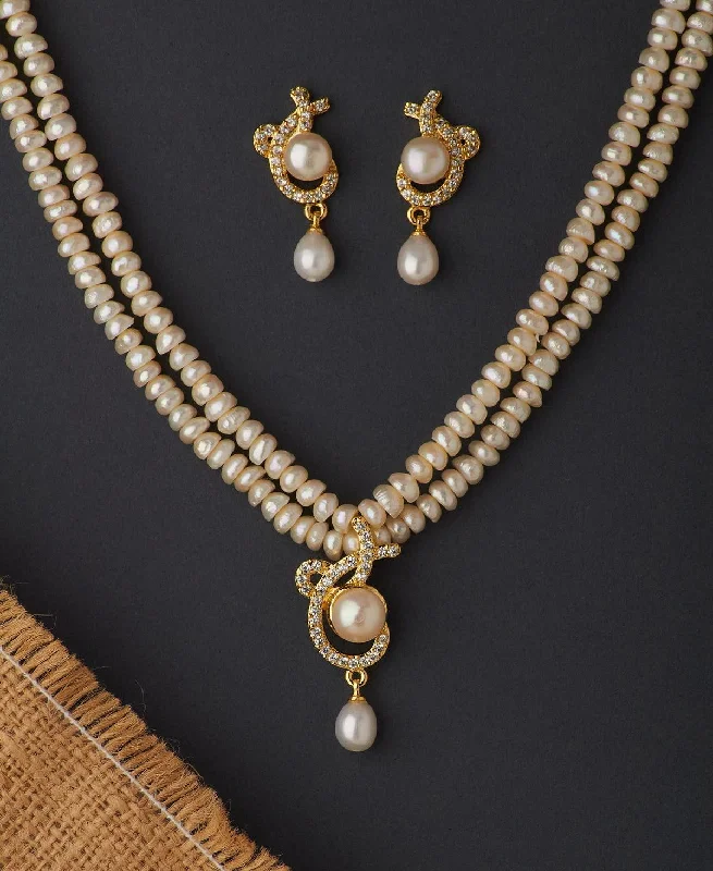 Designer Gold Necklace for Bridesmaids-Classy Real Pearl Necklace Set