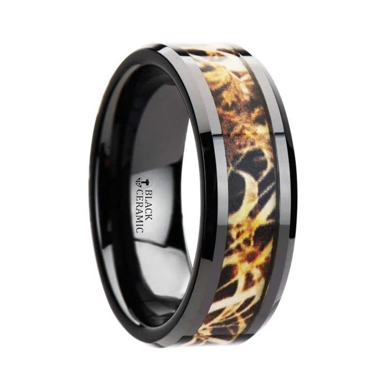 Personalized Engagement Ring with Sapphire Accents-Thorsten TUNDRA Black Ceramic Wedding Band with Leaves Grassland Camo Inlay Ring - 8mm