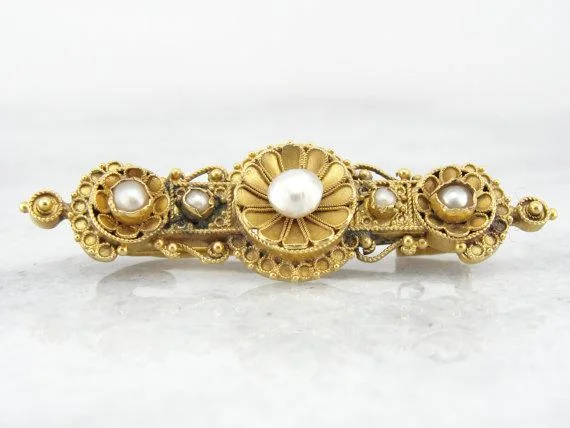 Simple Elegant Brooch For Women-Etruscan Revival Victorian 22K Gold and Pearl Brooch