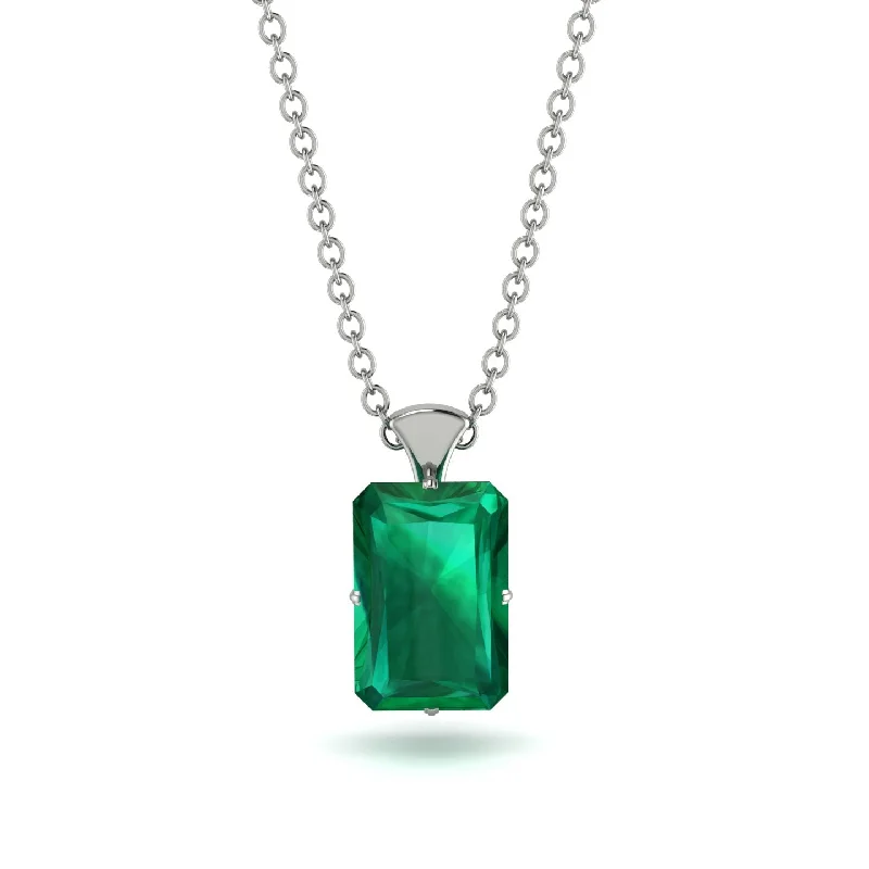 Statement Necklace with Large Gemstones-Hidden Halo Emerald Cut Emerald Necklace - Vanessa No. 36