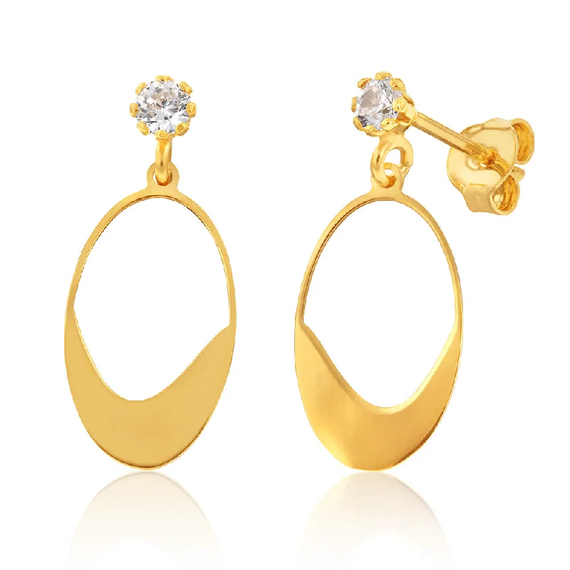 Handcrafted Pearl and Crystal Earrings-9ct Yellow gold Silverfilled Cubic Zirconia Flat Oval Drop Earrings