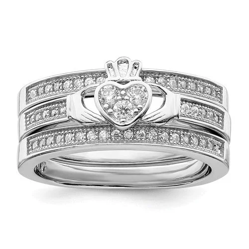 Personalized Custom Ring for Anniversaries and Gifts-Sterling Silver Claddagh Pave Trio Set Rings