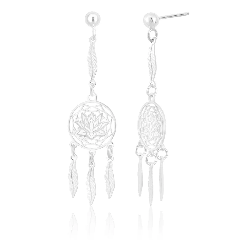 Silver and Pearl Drop Earrings-Sterling Silver Lotus Dream Catcher Drop Earrings