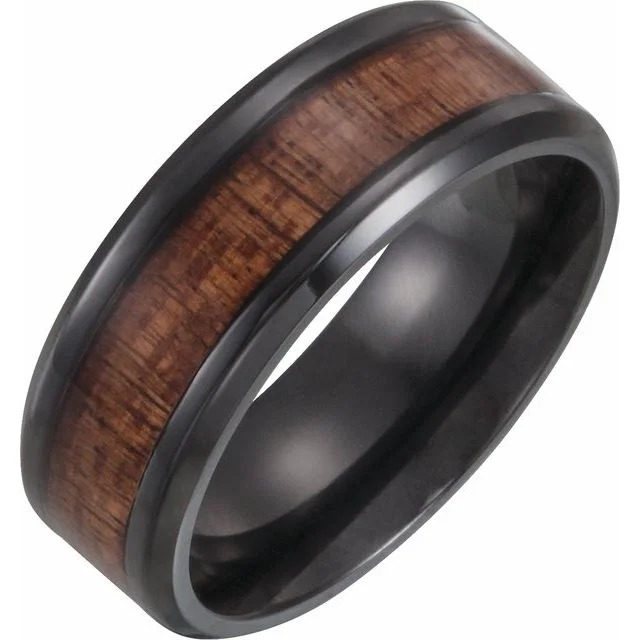 Simple Gemstone Ring with Minimalist Design-Black Titanium 8 mm Beveled-Edge Comfort-Fit Band with Hawaiian Koa Wood Inlay